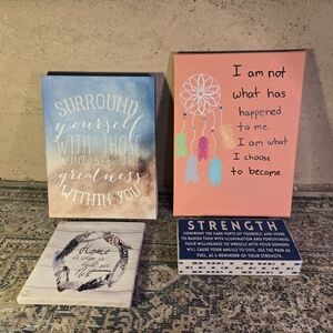 Lot Of Four Hanging Art Cnavas Decor Religious, Self Strength